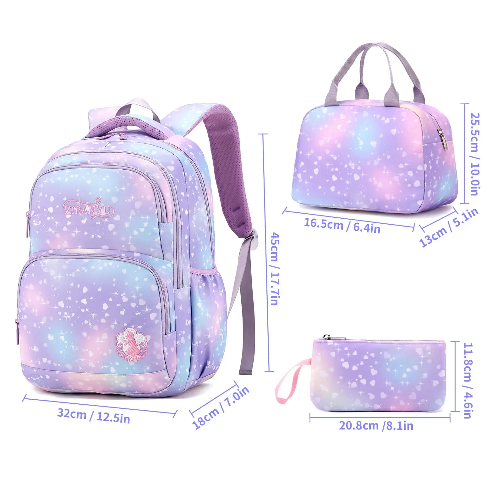 School Backpack Girls 3 Pieces with Lunch Bag Pencil Case 22 Litre Breathable School Bag Teenager Girls for 3-9 Grades Backpack