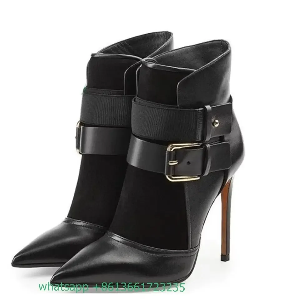 Leather Suede Splicing Boots Black Buckle Strap Pointed Toe Ankle Boots Stiletto Heels Women Fashion 2025 Spring  New Boots