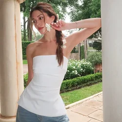 Women Turn Down Collar Side Ruched Slit Skinny Tops Solid Color Strapless Tops Chic Elegant Summer Sleeeveless Backless T Shirt