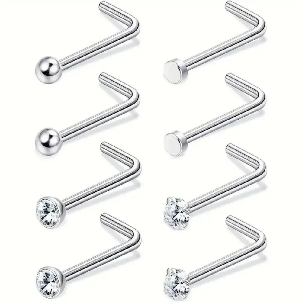 8pcs Elegant Stainless Steel Nose Studs Set L-Shaped Design with Sparkling Cubic Zirconia for Everyday Party Wear