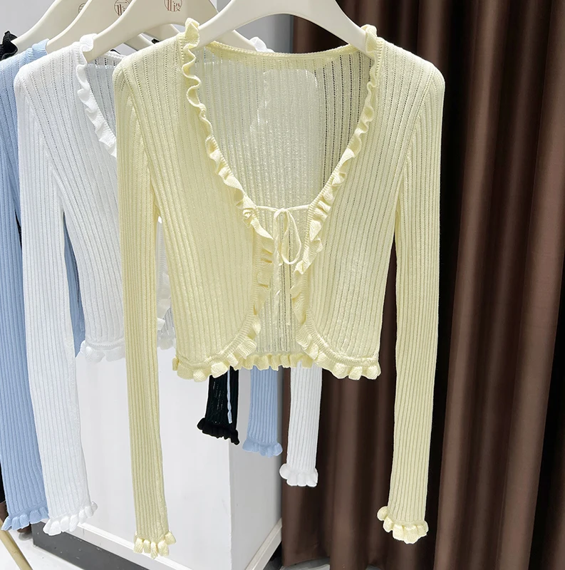 

Синий вязаный кардиган Lyocell Tencel с рюшами, юбкой на подтяжках и солнцезащитной рубашкой из ледяного шелка с кондиционером для женщин