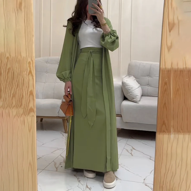 

Spring Women Elegant Solid Color Commuting Suit Sexy V-neck Long Sleeved Cardigan and Skirt Outfit Simple Fashion Two Piece Set