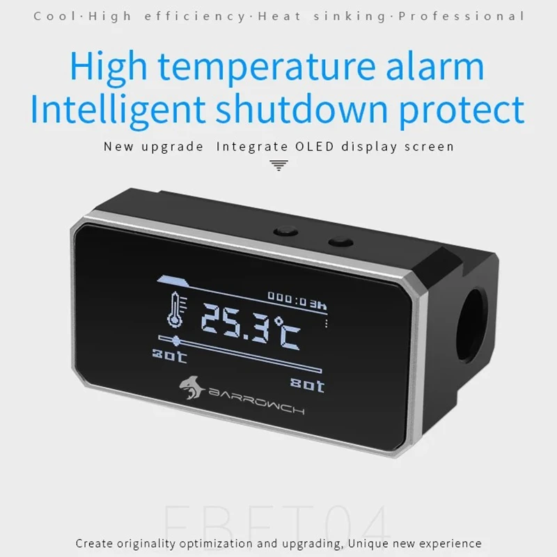 

Barrowch OLED Digital Display Water Temperature Meter / High Temperature Alarm Water Cooler Fitting, Double G1/4'' , GFBFT04.