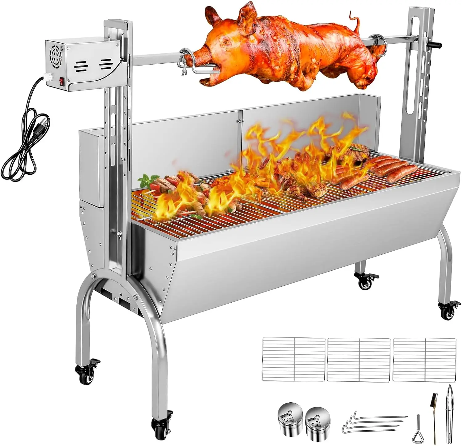 Rotisserie Grill Roaster With Back Cover Guard, 25W Motor Small Pig Lamb Rotisserie Roaster, 48.7 Inch Stainless Steel Charcoal