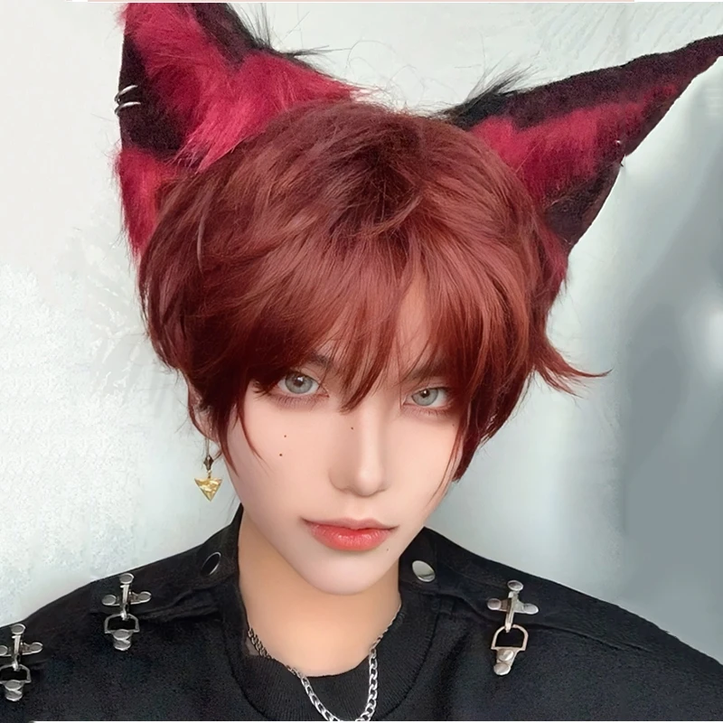 Short  Blonde Curly Wig For Men Male Boy Synthetic Wine Red Hair With Bangs Cosplay Anime Halloween Daily Nature Wig