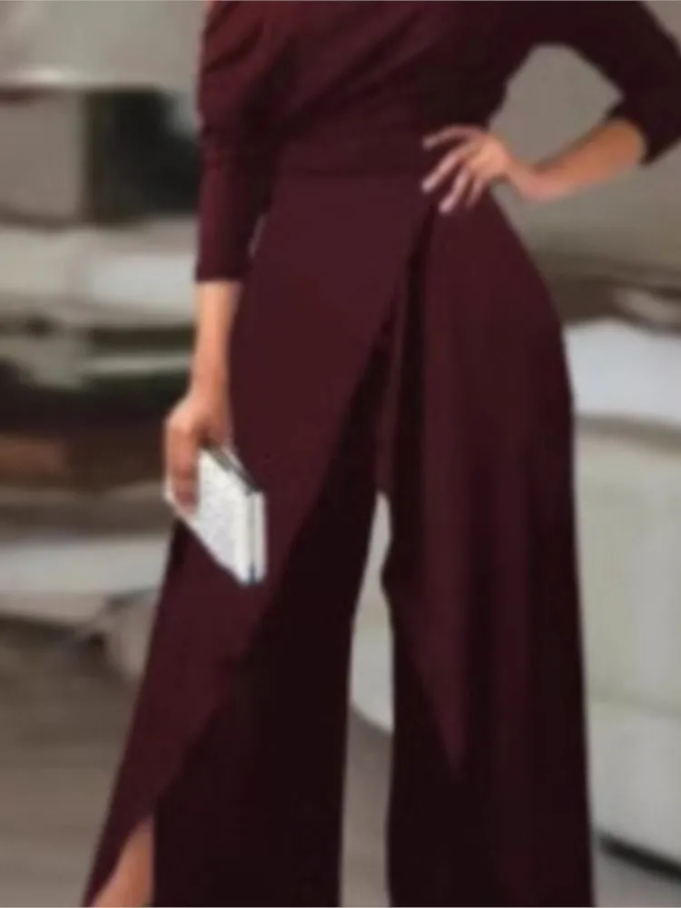 2026 New Off Shoulder Jumpsuit With Fashionable Asymmetrical Long Sleeves And Simple Daily Unique High Waist Wide Leg Jumpsuit view 3