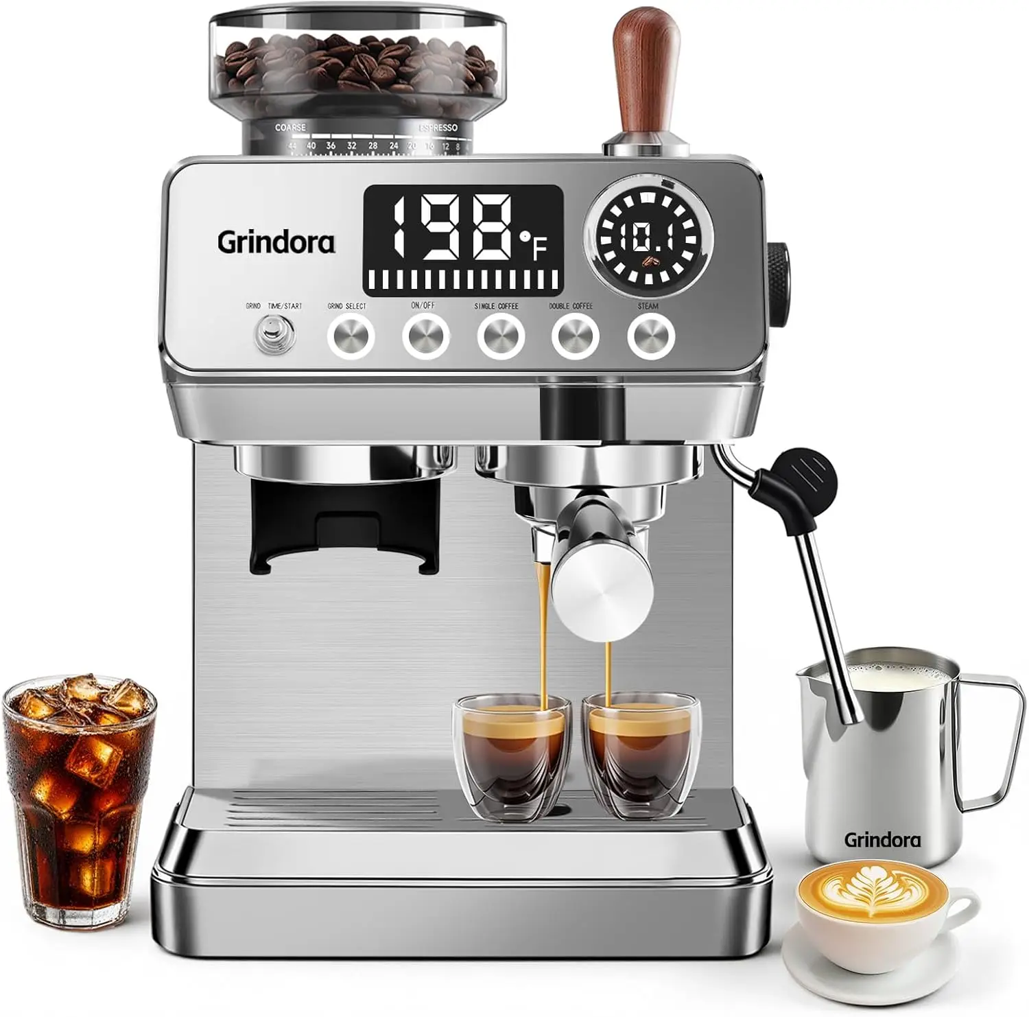 

Espresso Machine with Grinder, 20 Bar Stainless Steel Espresso Coffee Machine, 44 Grind Settings, 0.1s Precision Timer, PID Cont