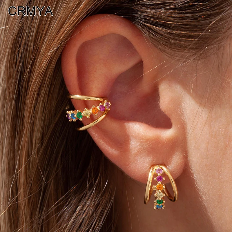 CRMYA Gold-plated Stud Clip Earrings For Women Fashion Color CZ Zircon Without Piercing Ear Cuff Earrings 2023 Jewelry Wholesale