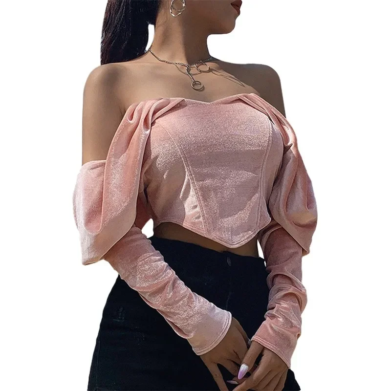 

2024 Fall Women's Pink Off Shoulder T-shirt Sexy Backless Tube Top Cropped Top Korean Y2k Indie Vacation Dating Travelling Party