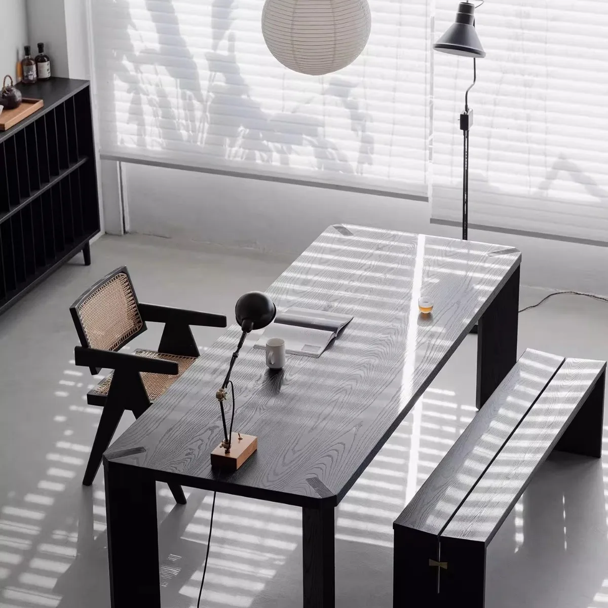 Household living room large long desk ash wood black dining table rectangular guest tea table solid wood dining table
