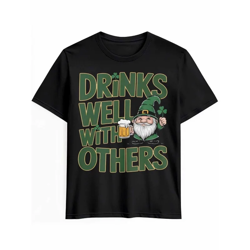 

Funny St. Patrick’s Day Drinking T-Shirt for Men Women, Gnome Beer Print Tee, Drinks Well With Others Shamrock Shirt