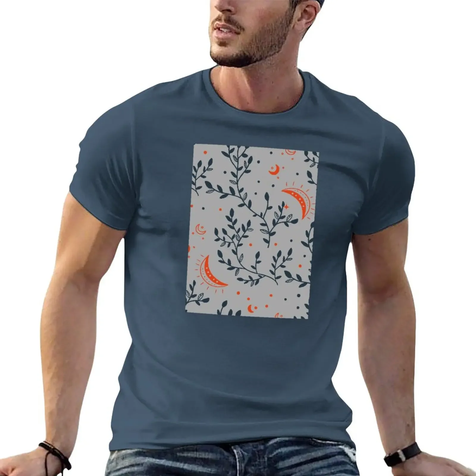 Blue Leaves + Moon Detail Pattern T-Shirt quick-drying anime customizeds summer tops designer t shirt men