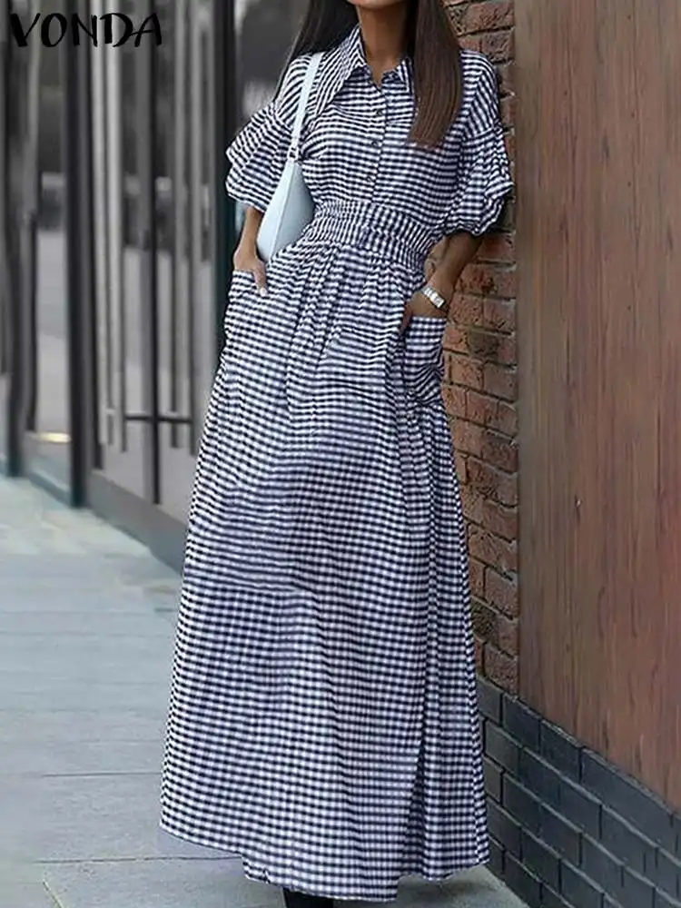 VONDA 2024 Elegant Women Plaid Dress Summer Flare Sleeve Maxi Sundress Fashion Lapel Pockets Printed Bohemian Split Long Vestido