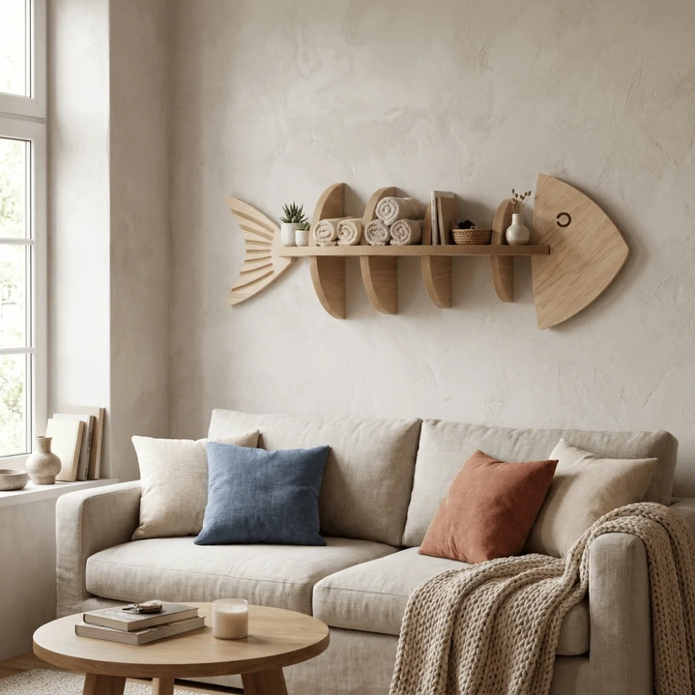 Vintage Wooden Wall Mounted Shelf Multi-layer with Dividers Display Rack Handmade Fish Shaped Wall Storage Shelf