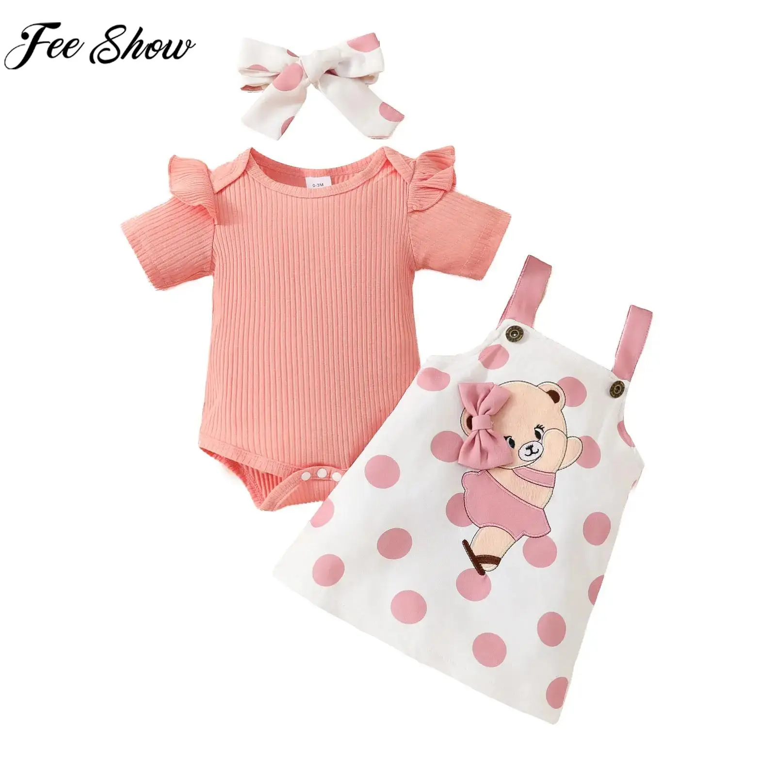 

0-12M Baby Girls Birthday Party Outfit Cute Little Bear Costume Set Short Sleeve Rib Knit Rompers with Suspender Dress Headband