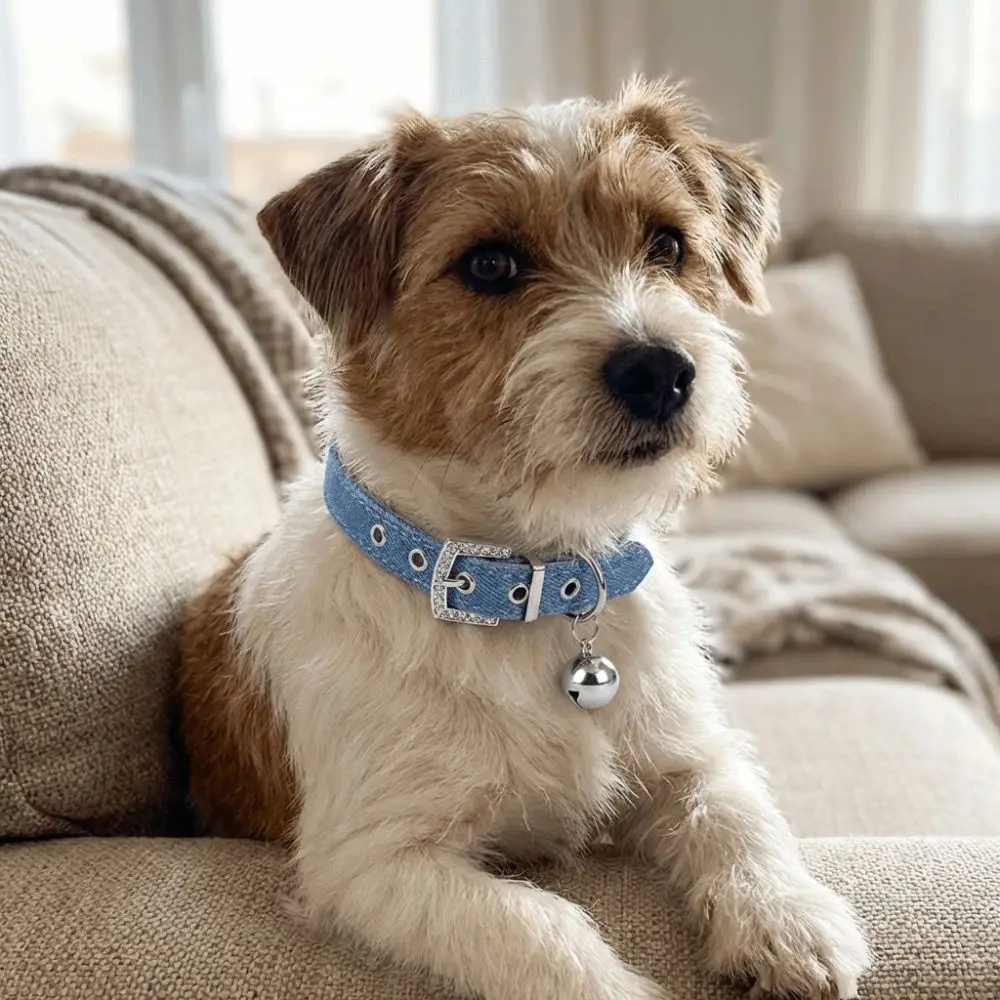 Metal Buckle Denim Dog Collar with Bell Adjustable Puppy Jean Collar Quick Release Soft Leather Pet Necklace Outdoor Use