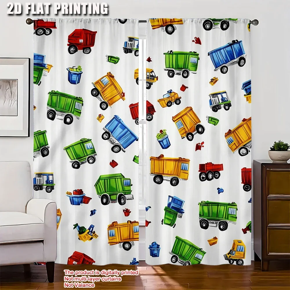 Construction Dump Truck Pattern Curtains 2pcs Kids Nursery Window Drapery Pair Cartoon Printed Room Decor Flat Printing Style