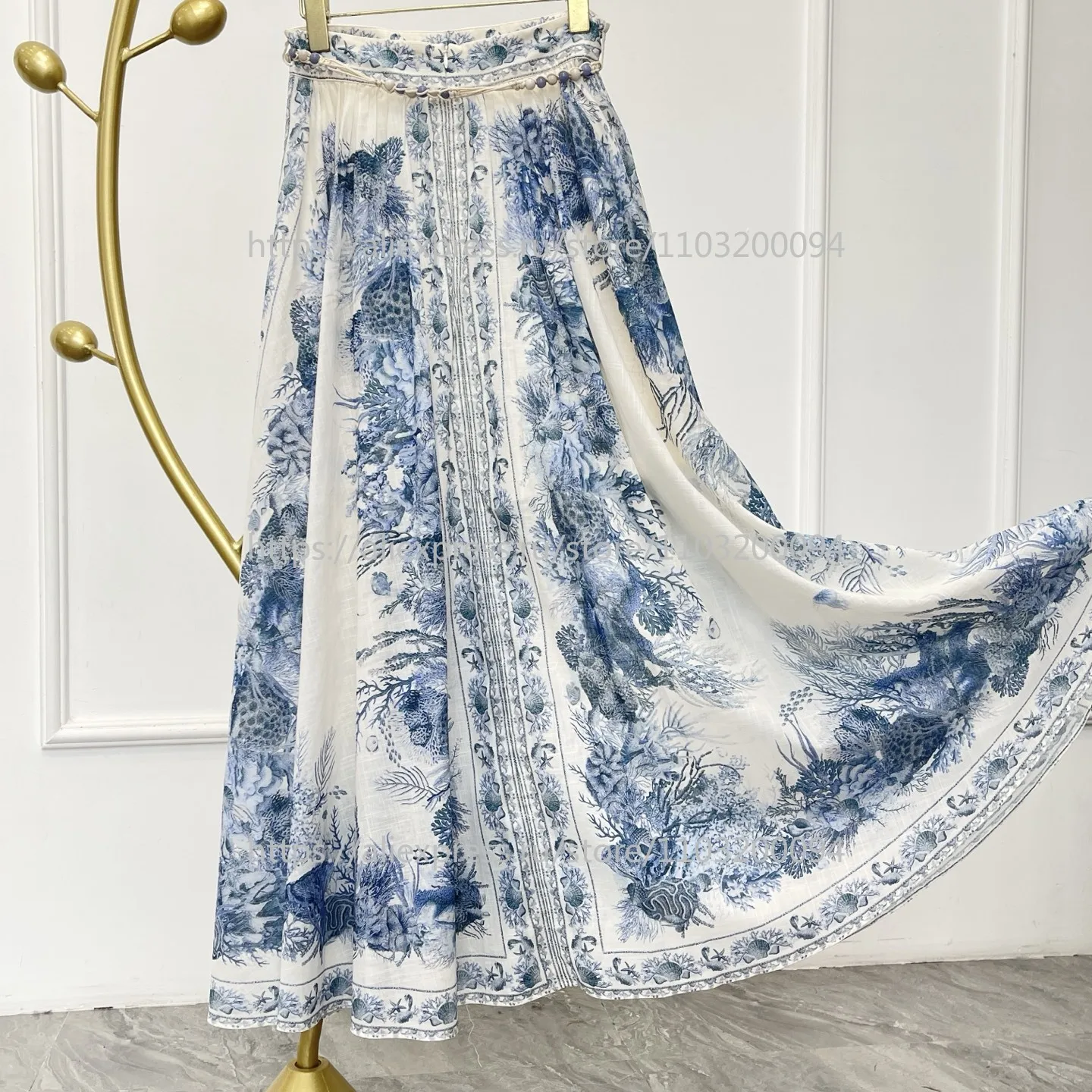 

Новинка 2026: Комплект из высококачественной хлопковой блузки с длинным рукавом и юбки миди с цветочным принтом для женщин (Весна-Лето)