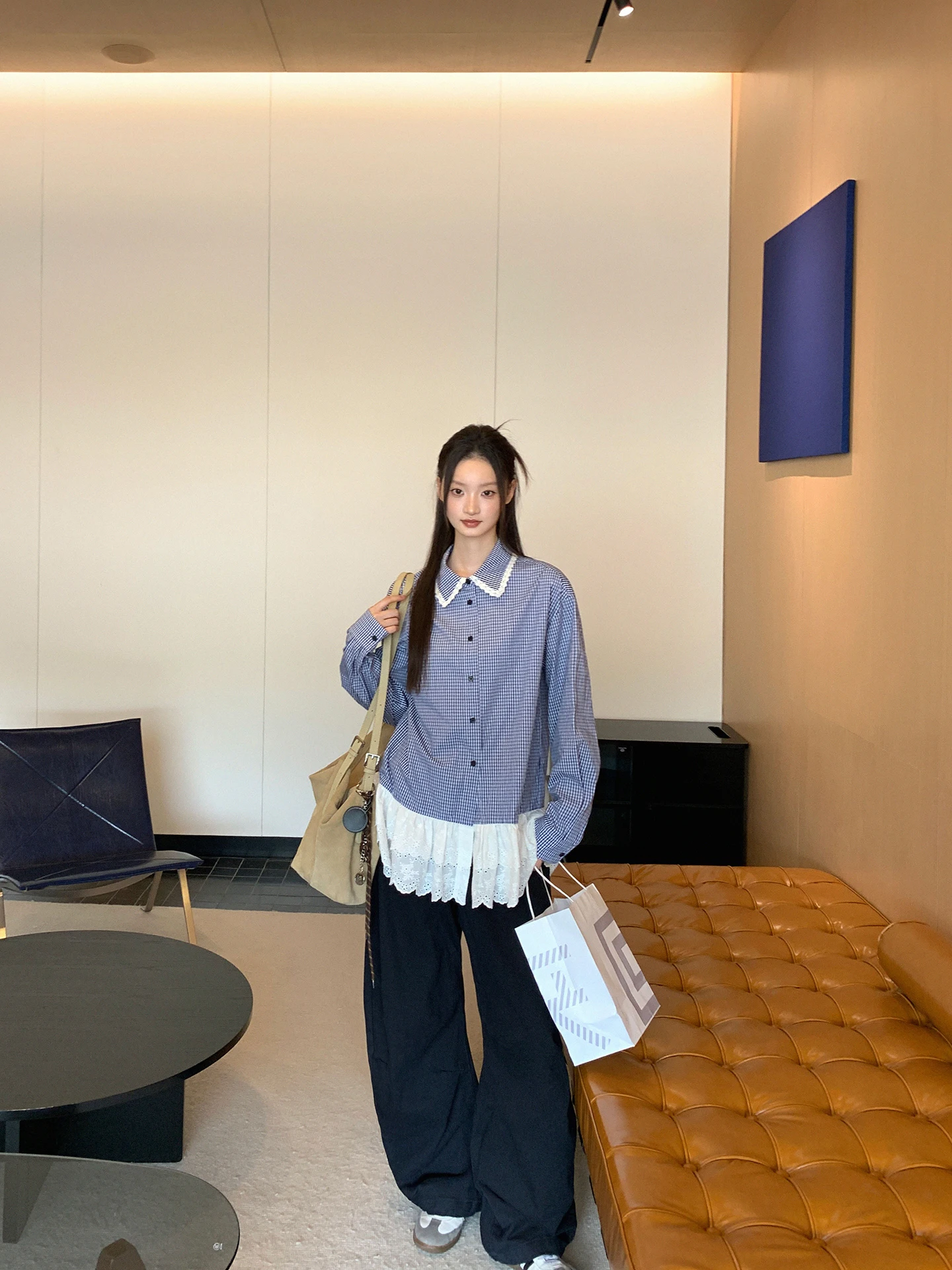 

Синяя кружевная рубашка оверсайз для женщин, весенняя, в клетку, свободного кроя, для повседневной носки, модная, хлопковая, с длинным рукавом, с воротником, на пуговицах