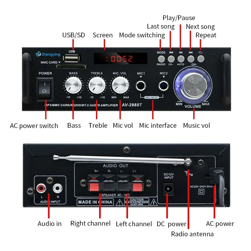 AMPLIFICADOR DE POTENCIA Digital AV-298BT, amplificador de Audio HiFi con Bluetooth 5,0, máximo 300W x 2, inalámbrico, ESTÉREO