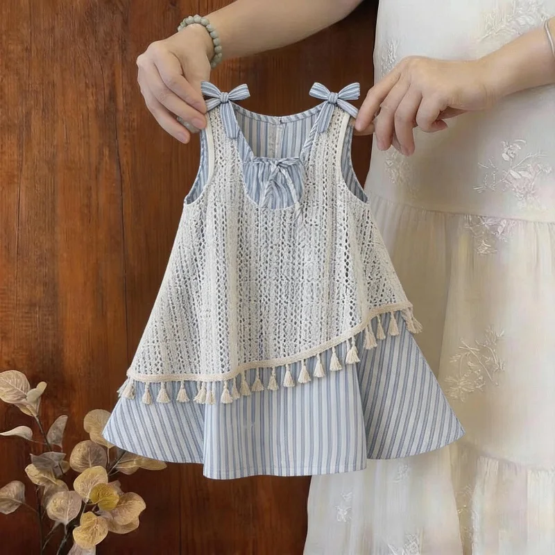 Girls' Striped Dress 2026 Summer New Style Tassel Hollow Lace Cover-Up Fake Two-Piece Little Girl Princess Dress