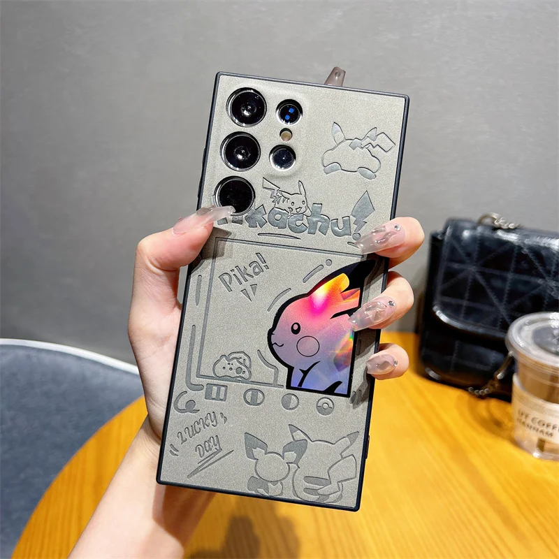 الفاخرة مكافحة الفراء الليزر لطيف أنيمي بوكيمون بيكاتشو جراب هاتف لسامسونج S23 S22 S24 الترا الساخن الجلد المدبوغ لينة جلدية عدسة حماية