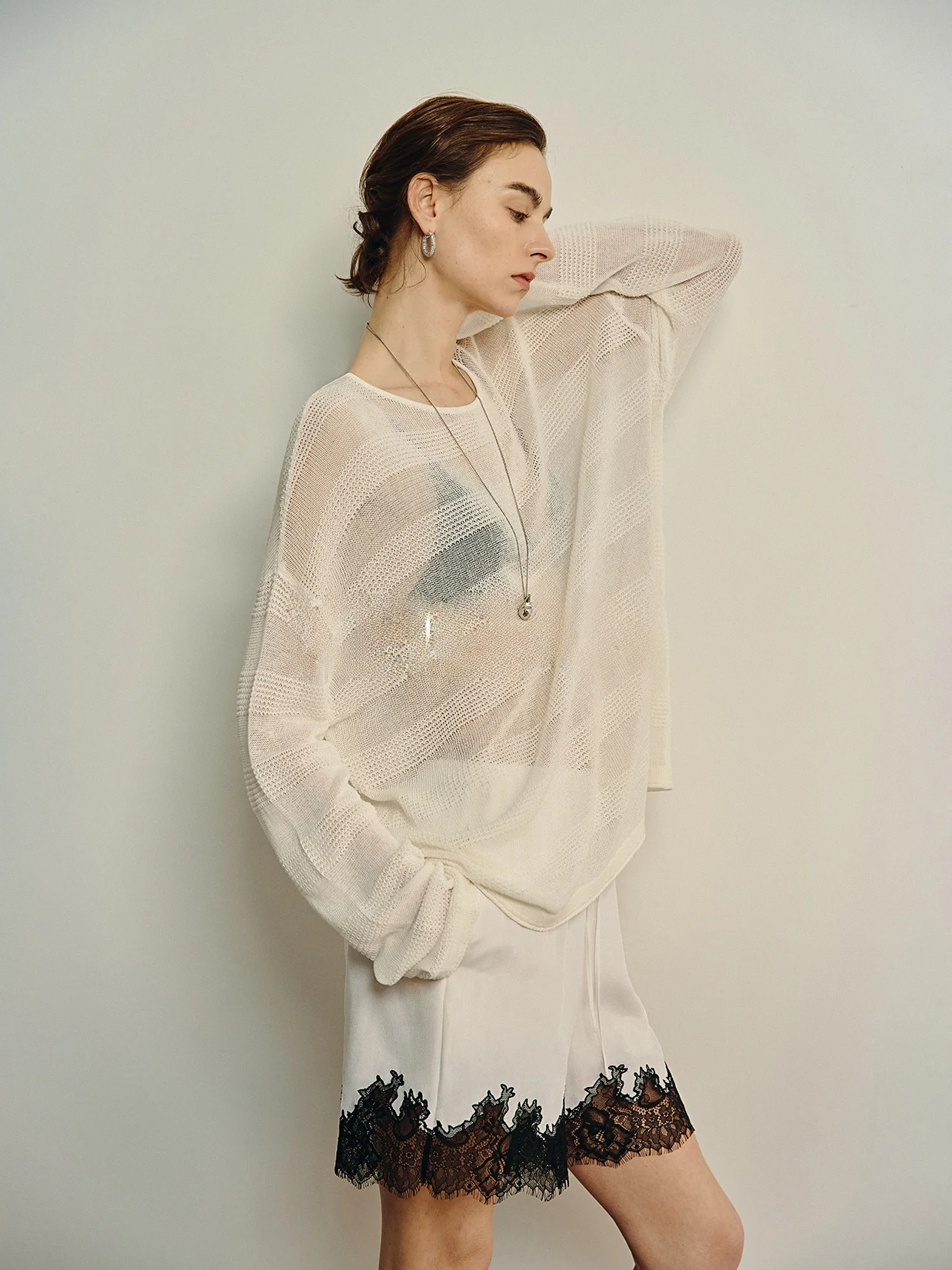 

Silk Long Sve Cover up Smooth Elastic Stripe Texture Women's Knitted Cotton Silk Blend Casual round Neline Garment