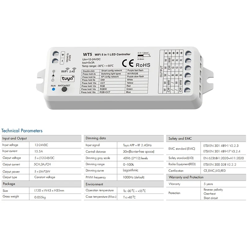 WT5 LED Controller DC 12-24V Tuya WiFi 5 in 1 Controller Use For CCT RGB RGBW RGBCCT LED Strip Light