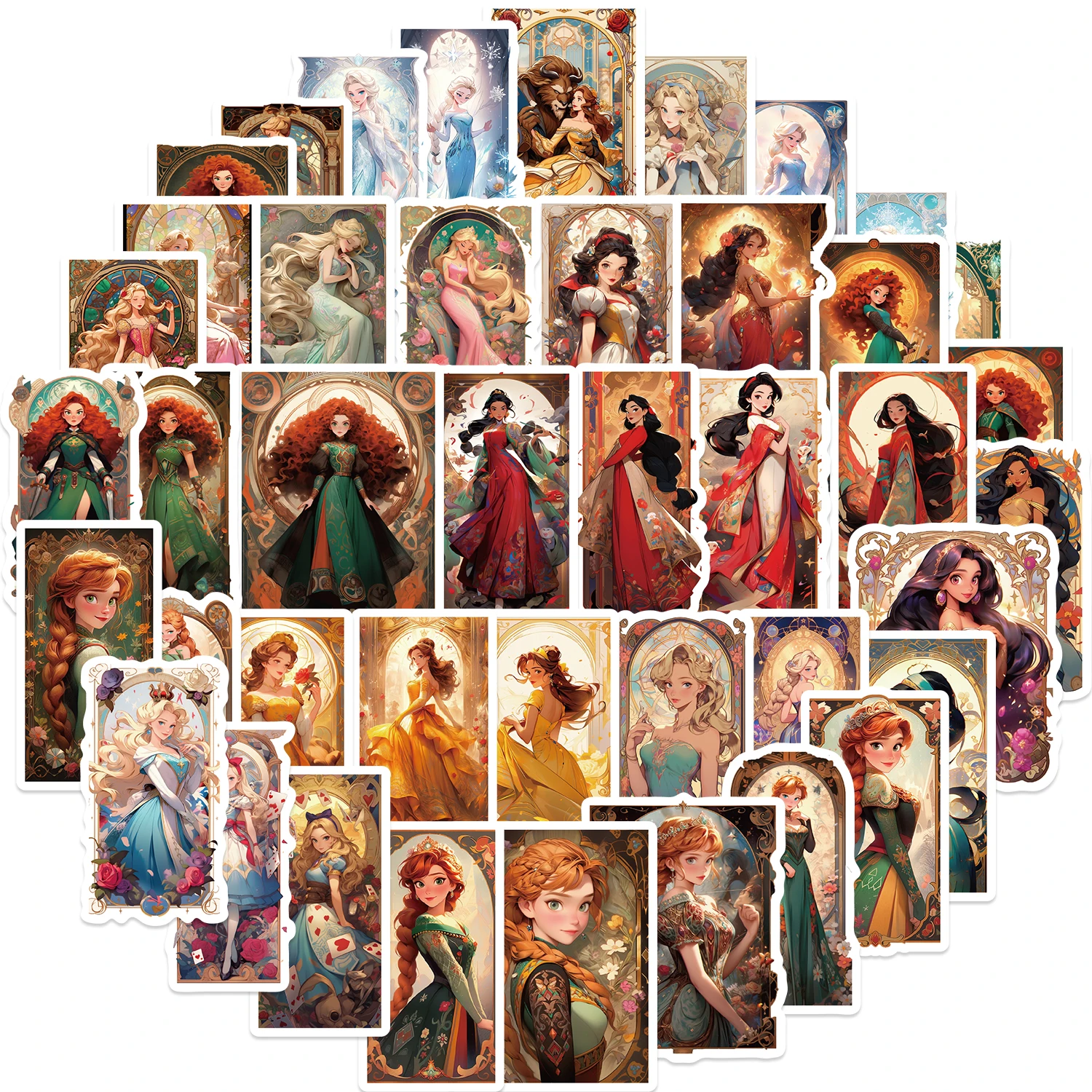 50pcs Cartoon Princess Cards Stickers for DIY Girls Scrapbooking Stationery Water Bottle Phone Laptop Guitar Decal Kids﻿