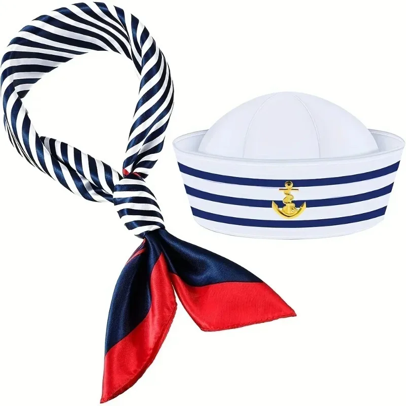 1pCS Set Yacht Captain Hat Sailor Ship Cap Scarf Sailor Hat Boat Costume for Men Women Captains Dressing Up Party