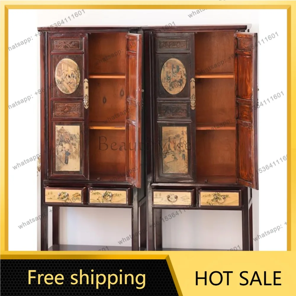 LD new Chinese classical painted vertical cabinet retro living room entrance hand-painted old furniture
