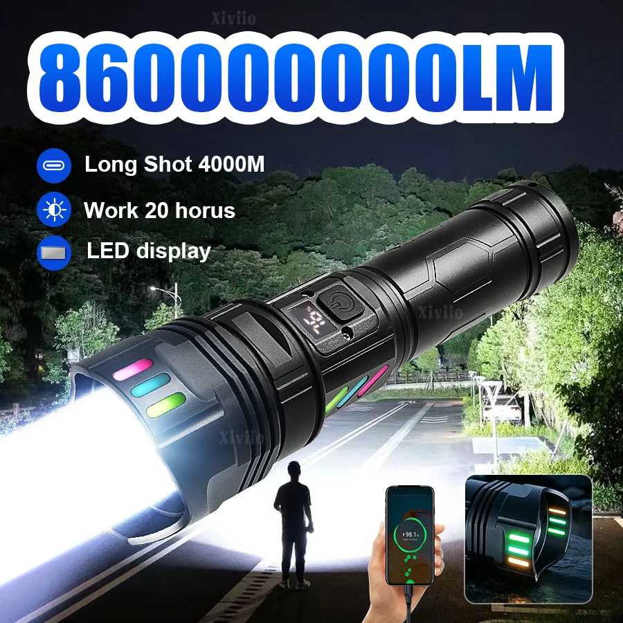 860000000LM Most Powerful LED Flashlight Rechargeable 4000M Tactical Torch Super Bright Portable Lantern Outdoor Hunting Fishing