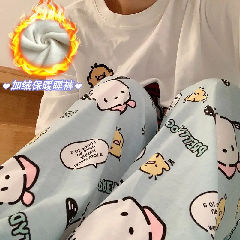 Cartoon Snoopy Velvet  Pajamas for Women Autumn Winter Trousers Large Size  New Anime Spiked Puppy Girls Boys Cute Home Pants