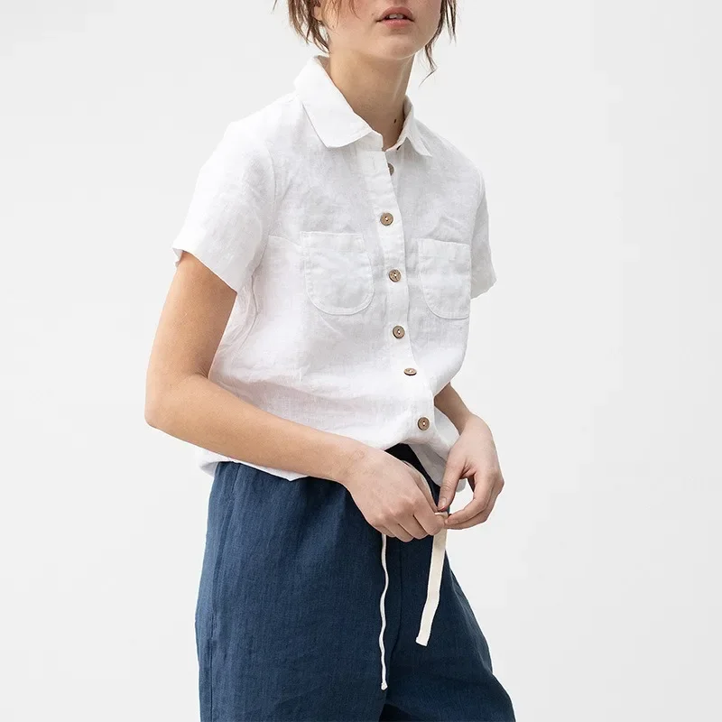 

Casual 100% Linen Women Shirts Turn Down Collar Short Sleeve Button Up Summer Fashion Office Ladies Streetwear Tops Para Mujer