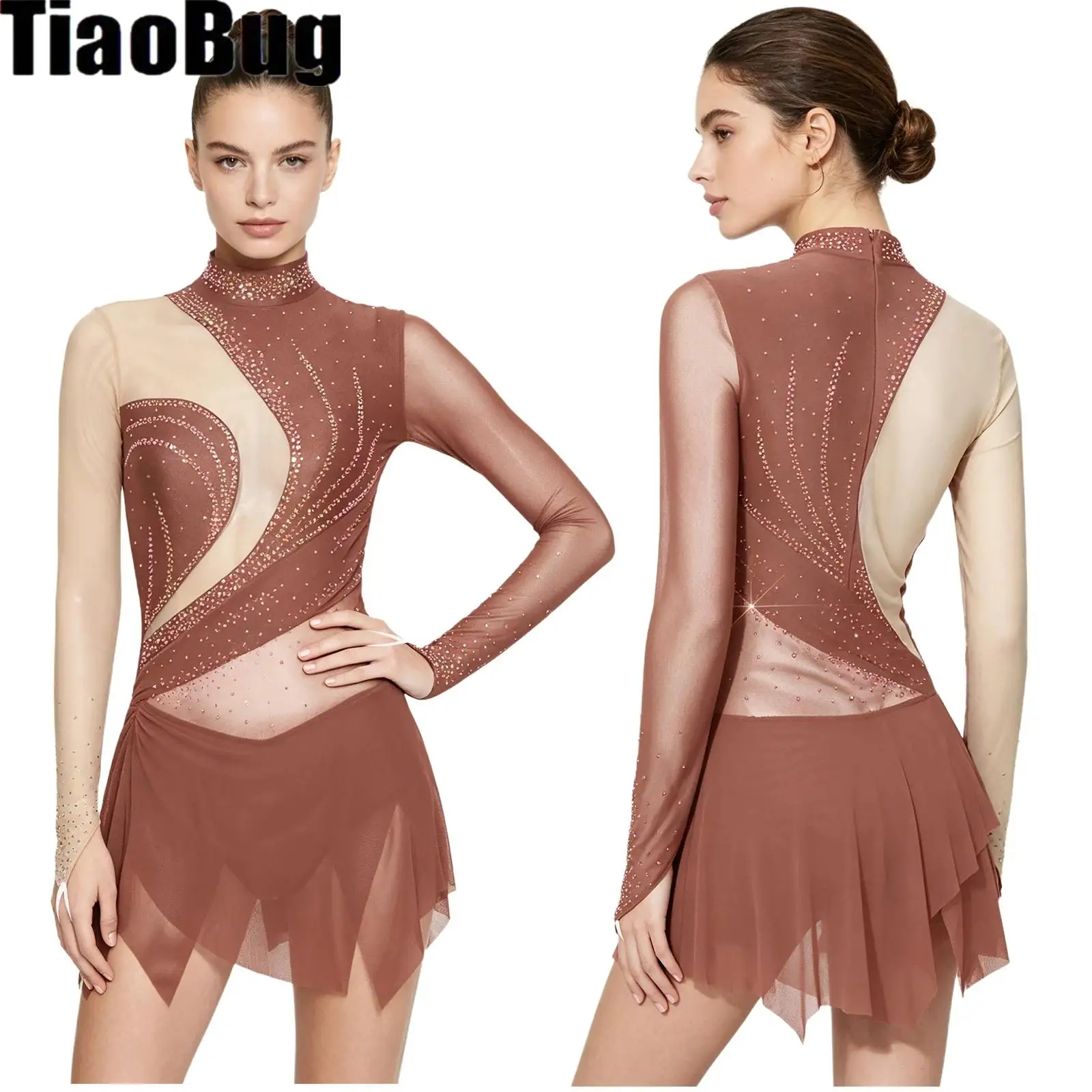 

Women Latin Dance Dress Rhinestones Bodysuit Dress Sheer Mesh Long Sleeve Mock Neck Irregular Hem Dress for Gymnastics