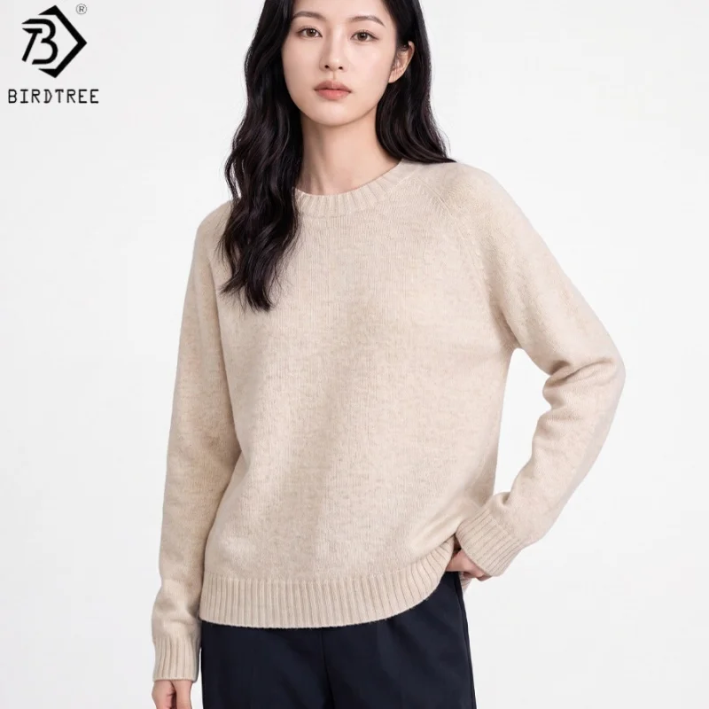Birdtree, 70% Wool 30% Cashmere Sweater, Full Sleeve O-neck Tops, Women Knitted Warmth Seamless Shirt, 2026 Autumn New T68423JF