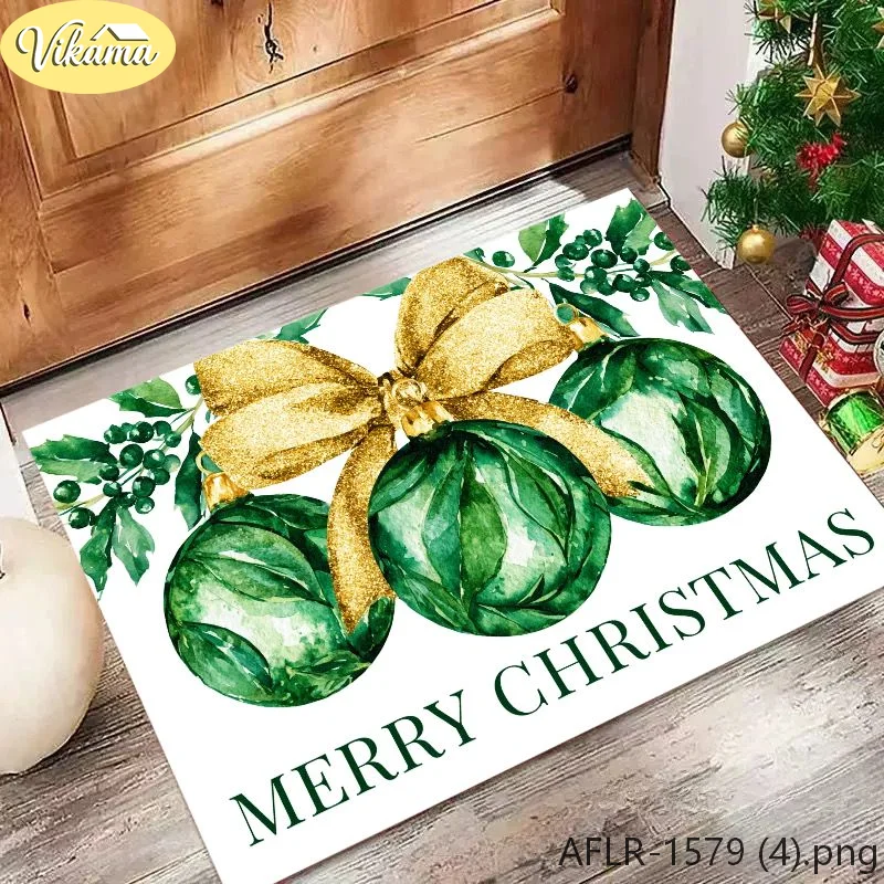 Green Watercolor Christmas Ball Rug, Machine Washable Non Slip Entryway Doormat, Festive Holiday Decor for Home