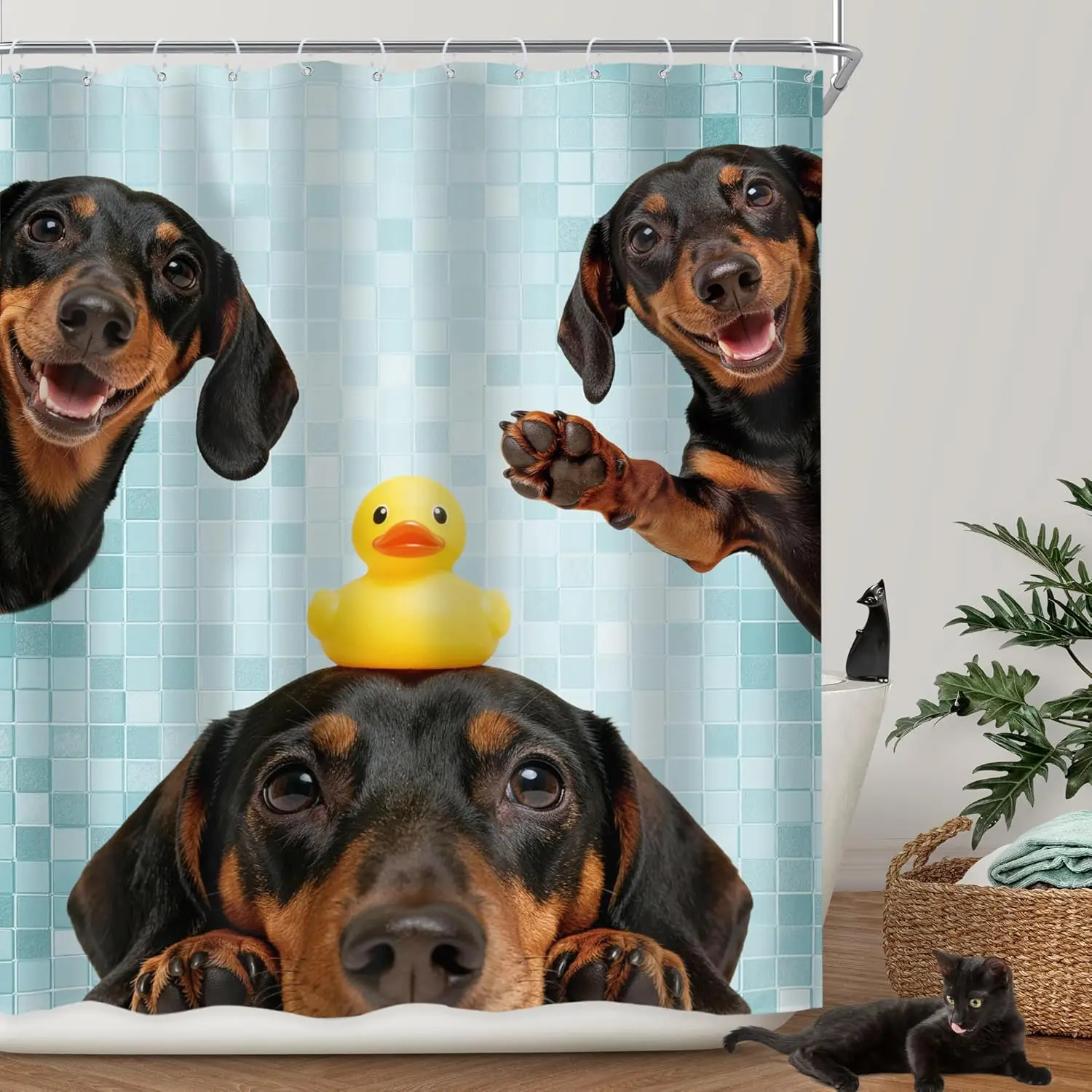 

Riyidecor Funny Dog Shower Curtain Kids Cute Dachshund Dog are You Pooping Lovely Animal Fun Rubber Duck Pets