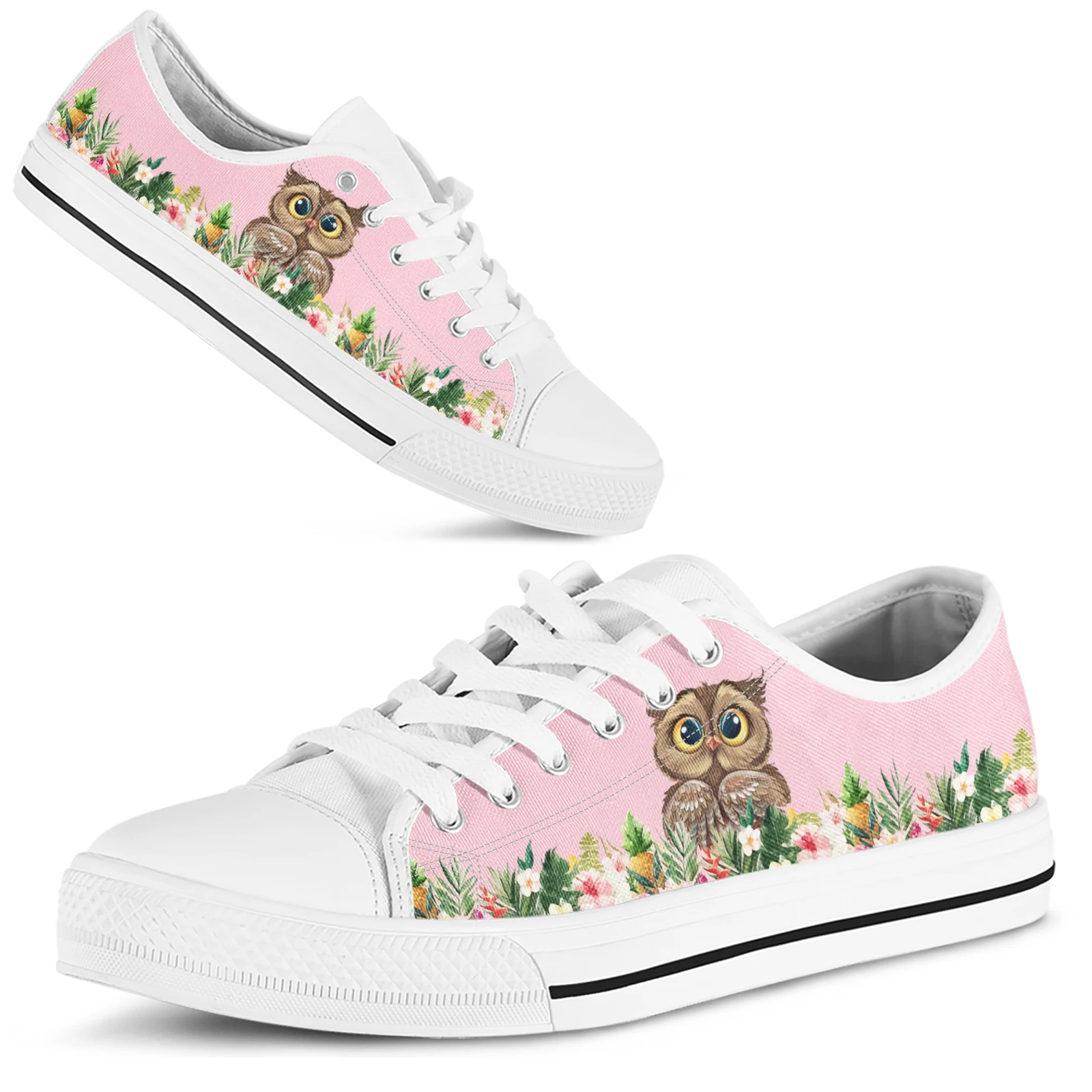 ELVISWORDS – chaussures en toile de dessin animé hibou, baskets de marque, roses, animaux de dessin animé, chaussures légères à lacets, chaussures plates