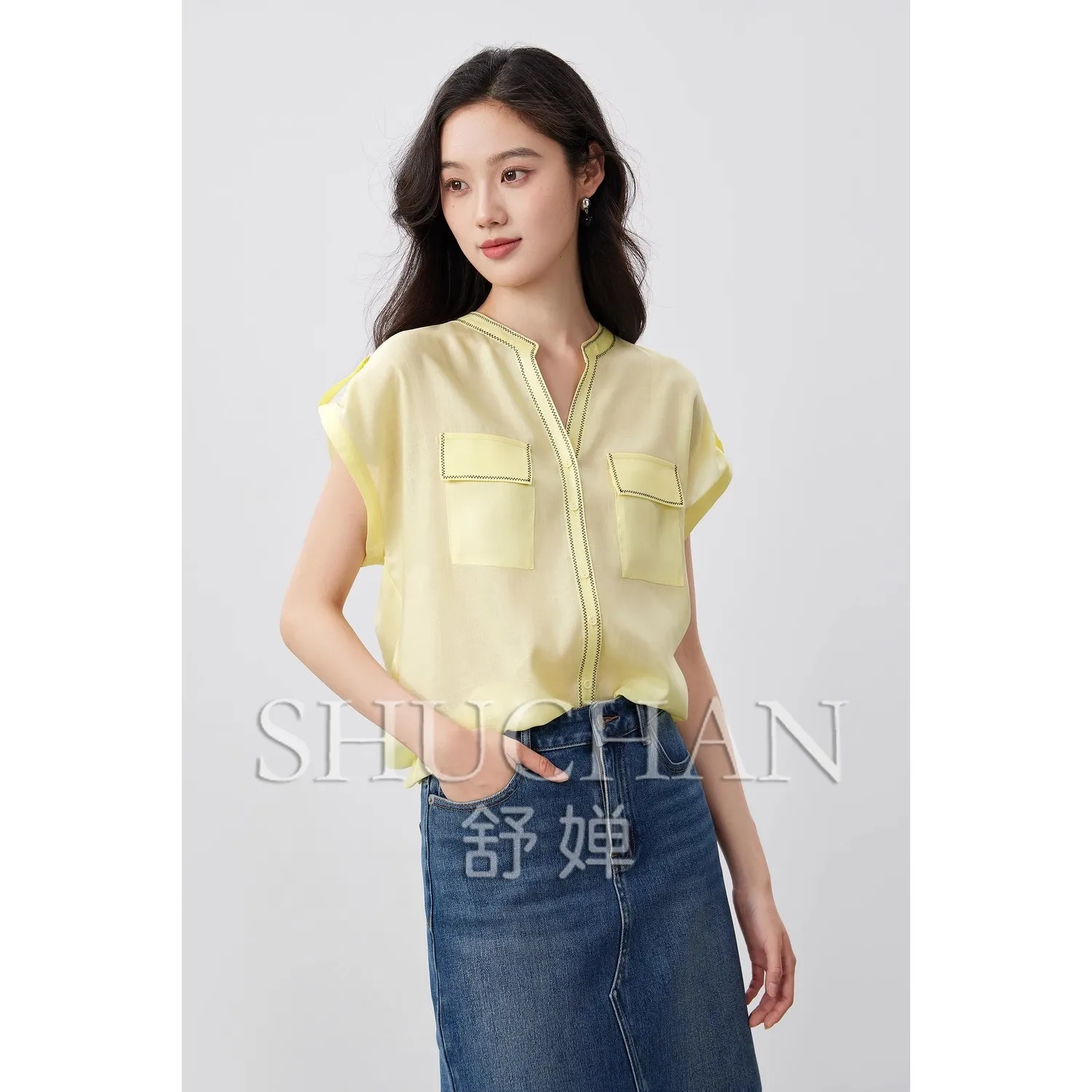 

French Shirt Women Temperament Commuting, Linen Lyocell, Contrasting Color Herringbone Embroidered Bright Thread Scisso