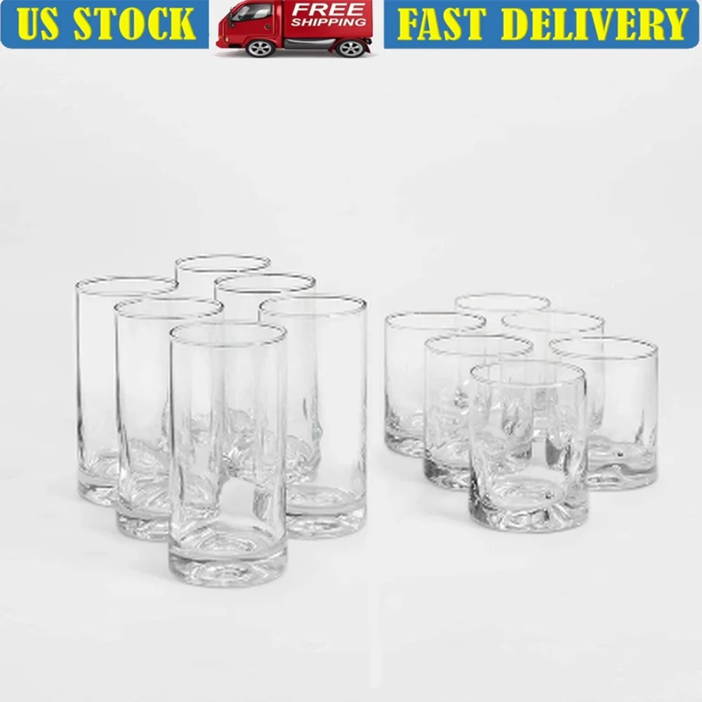 

12pc Lead-Free Glass Tumbler Set Short Tall Dishwasher-Safe Ideal Juices Beverages Everyday Use Entertaining Durable Design
