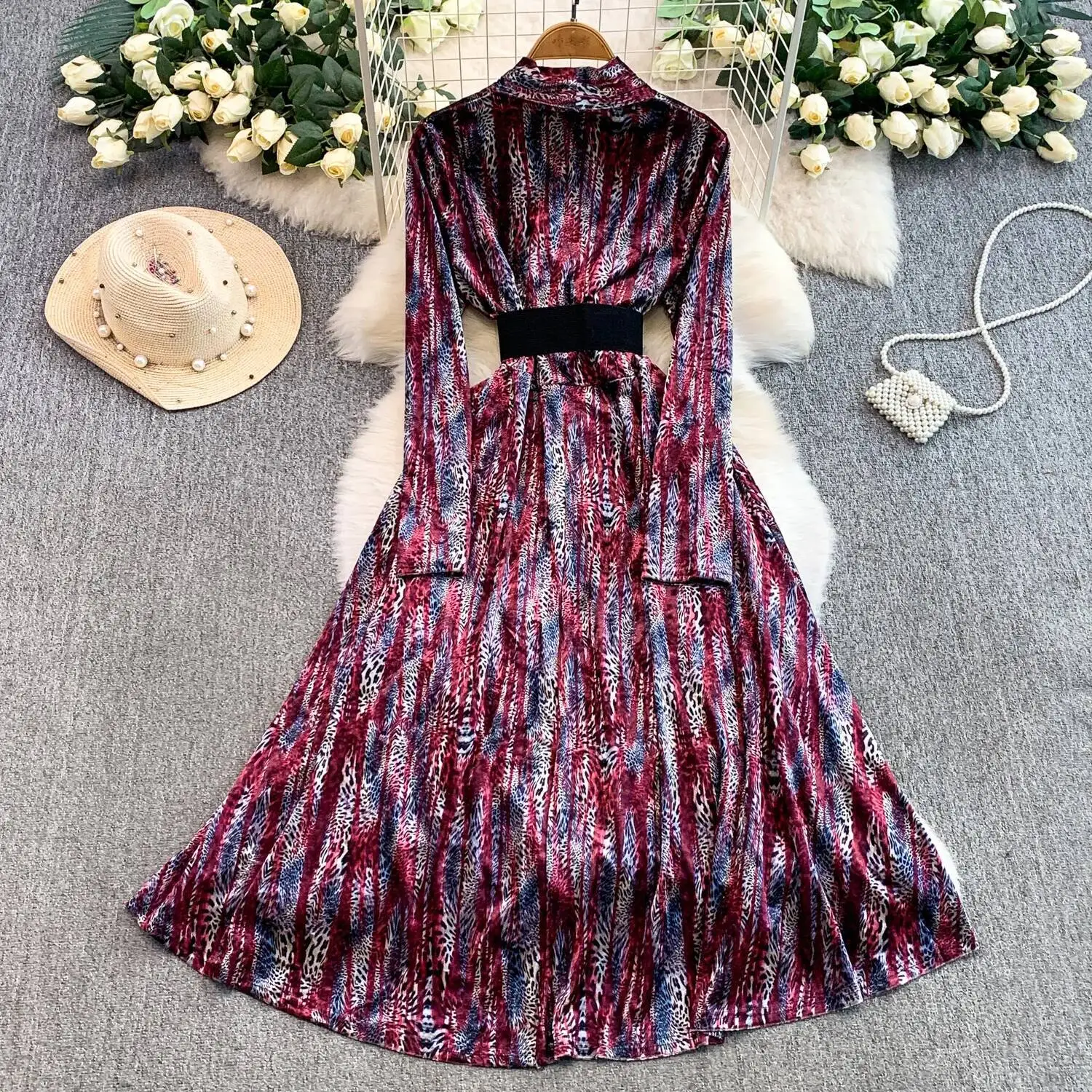 Chic vintage velour leopard slim dress Elegant Fairy korean fashion sundress autumn women clothing