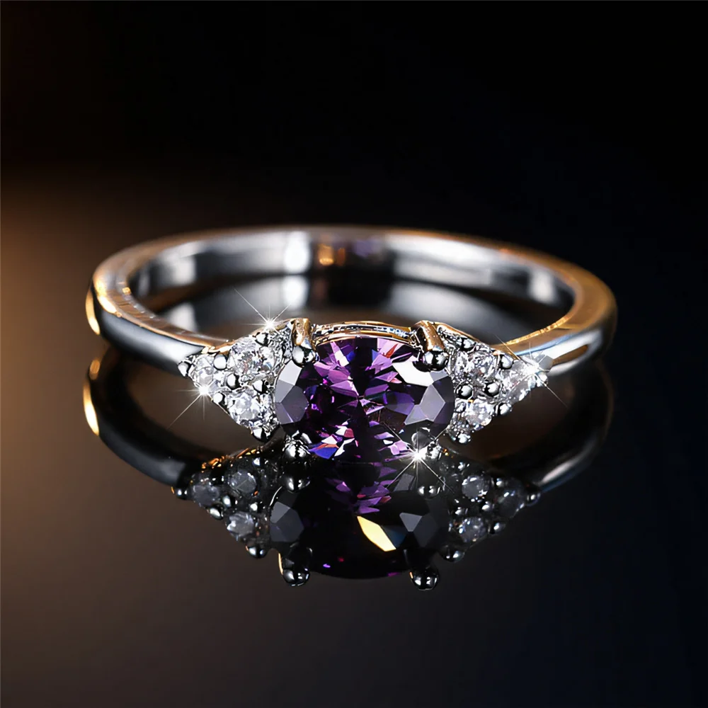 Cute Female Purple Zircon Stone Silver Color Wedding Jewelry Promise Engagement Rings For Women