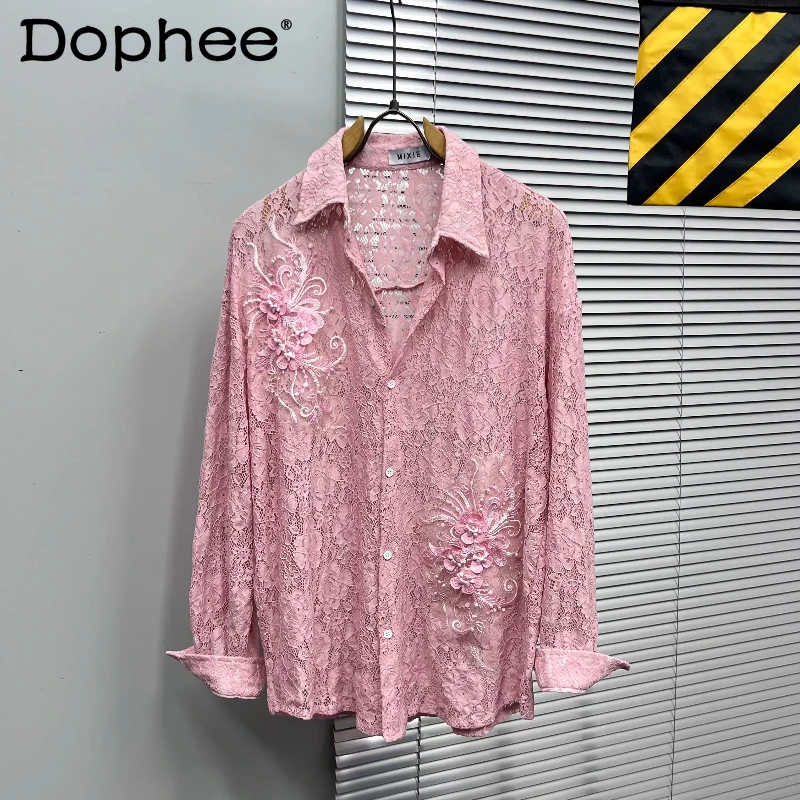 

2026 Spring Summer New Fashion Lace Embroidery Splicing Shirts Men Hollow Out Design Shirts Unique Loose Versatile Trendy Tops
