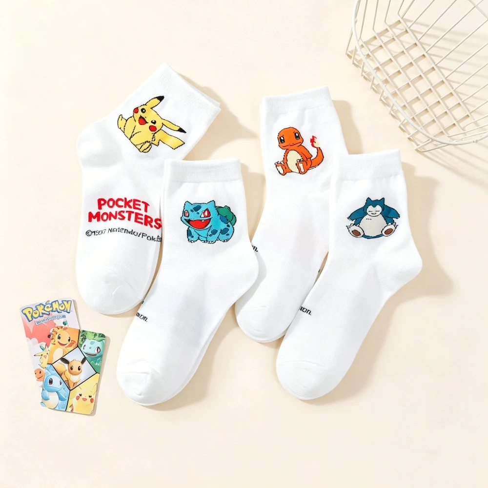 5 Paar neuartige Cartoon-Pokémon-Baumwoll-Graffiti-Damen-Mittellange Socken im College-Stil, personalisierte weiße Freizeitsocken für Studenten – Detail 2