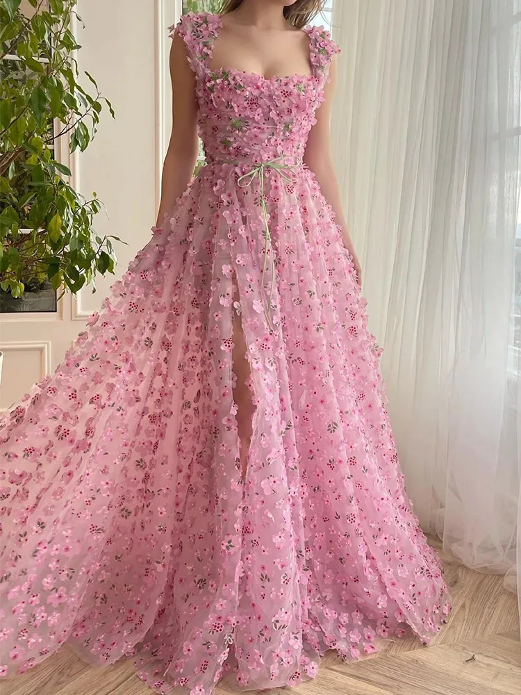 Ele Rosa Spitze 3D Blume Trägerkleid Fee T Princ Langes Dr Abendball Dr Frauen Sommer Nylonfaserkleid