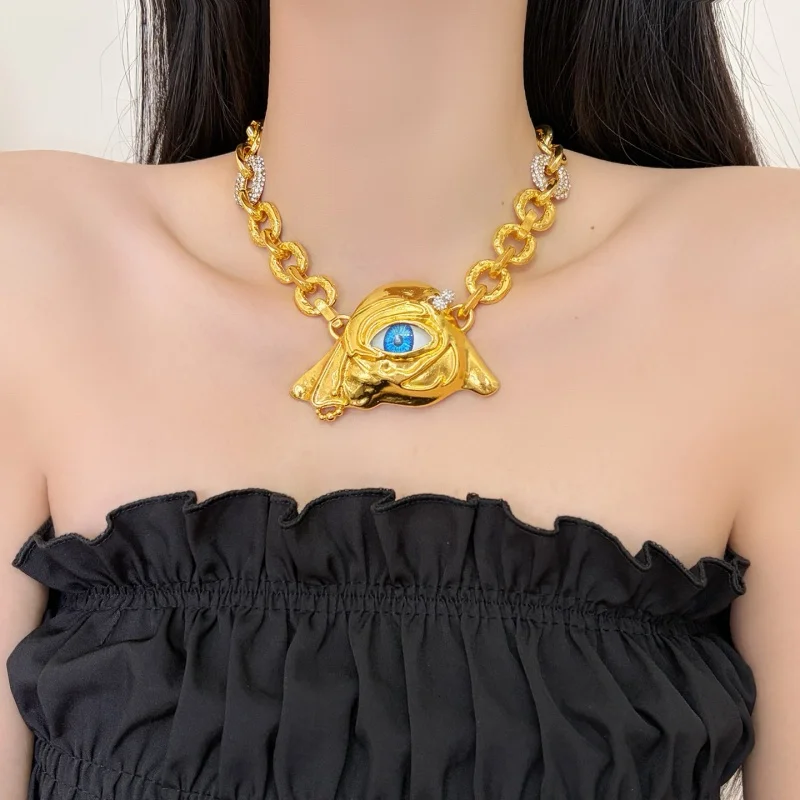 

Bold Gold Evil Eye Pendant Chunky Chain Necklace Rhinestone Accent Statement Collar for Women Party Evening Jewelry