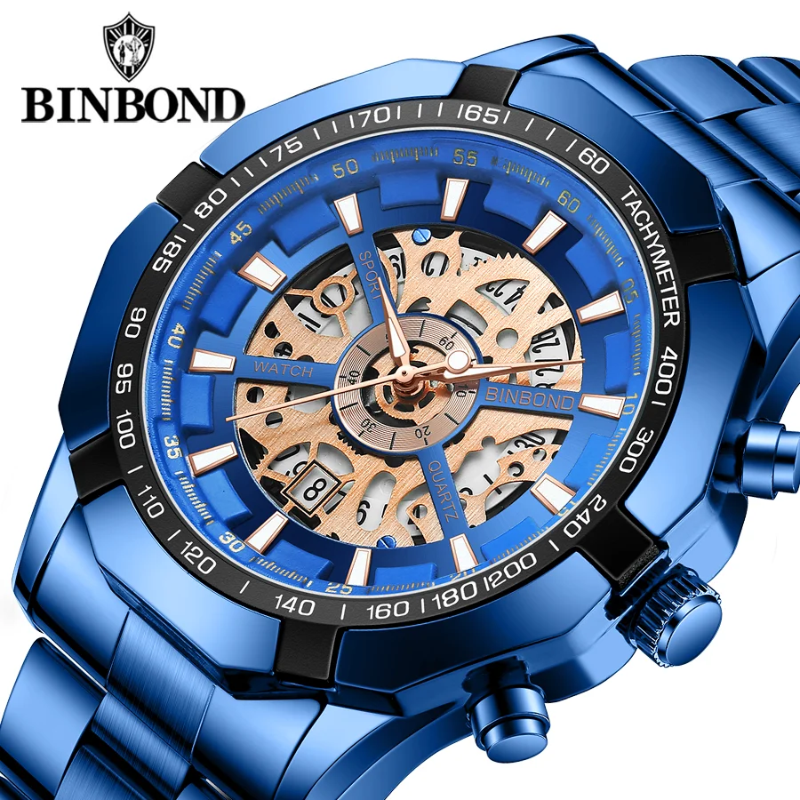 2023 Binbond Mens Watches Top Brand Luxury Stainless Steel Waterproof Hollow Out Blue Big Male Wristwatches Relogio Masculino