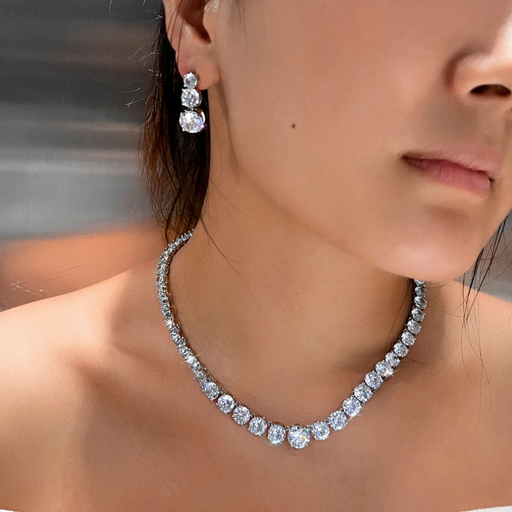 CWWZircons Prachtvolle Glänzende CZ Mode Braut Runde Halskette Ohrringe Sets für Frauen Hochzeit Abend Party Schmuck Großhandel T0997 – Detail 2