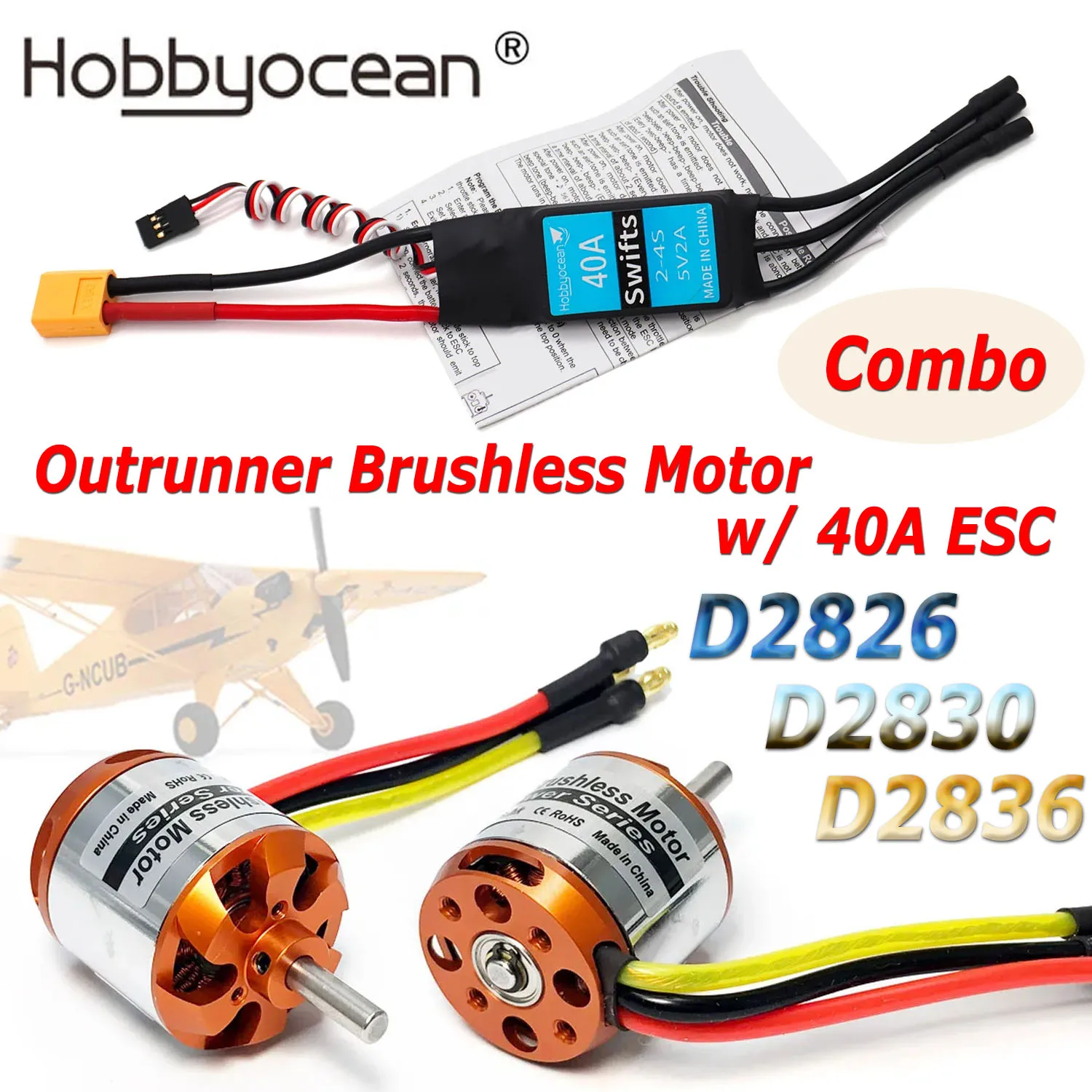 D2826 D2830 D2836 Outrunner Brushless Motor with 40A ESC 2-4S LiPo for RC Fixed-Wing Plane Multicopter Aircraft Mod Parts